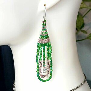 Boho Chic Beaded Dangle Earrings, Pink & Green, Seed Bead Jewelry, 3.5"